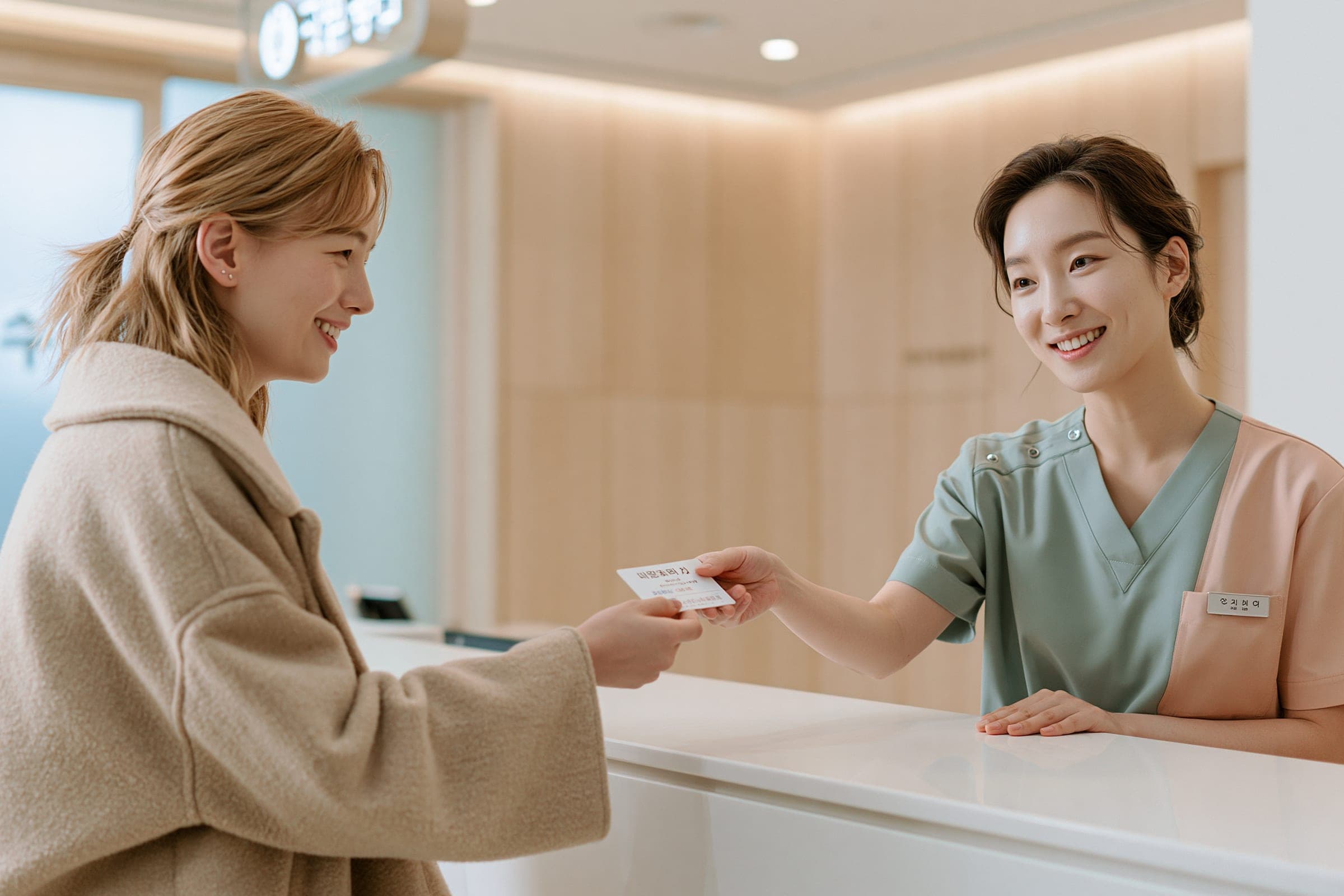 Modern Korean general hospital corridor with medical staff — the kind of environment foreigners encounter when first using Korea's healthcare system.